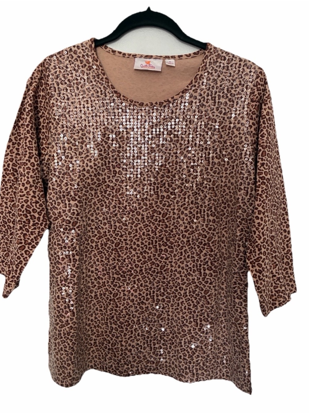 Quacker Factory Sequin Leopard Print Top in Brown and Tan